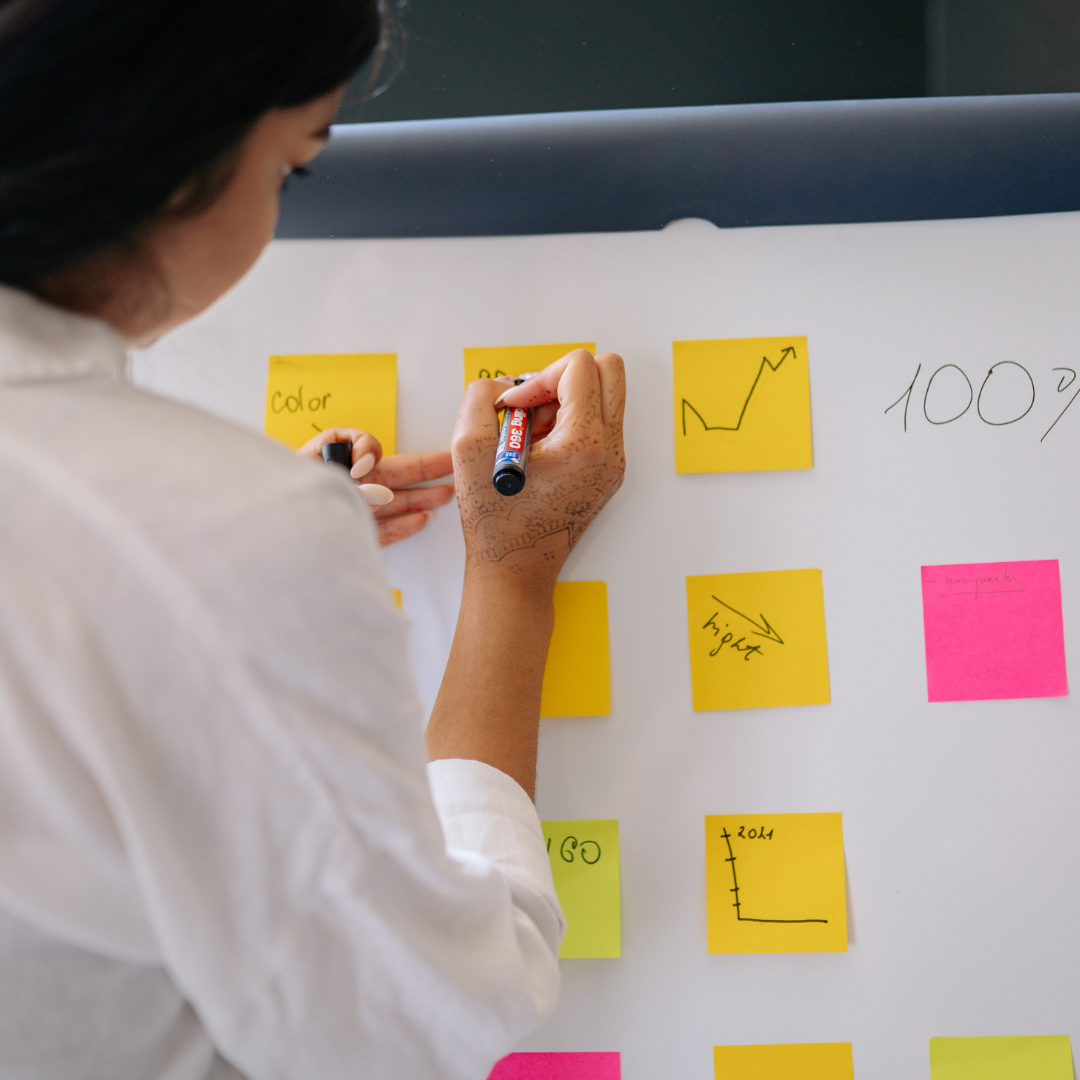Person planning with yellow sticky notes on a whiteboard