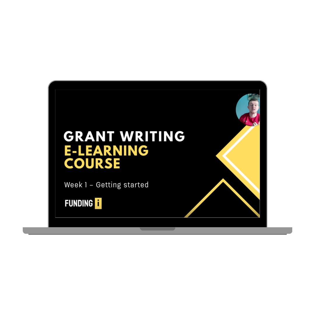 Grant writing e-learning course preview on a laptop